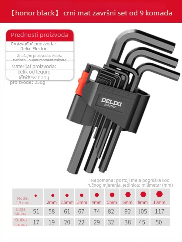 Delixi set imbus ključeva, legura, unutarnji šesterokutni nastavak, visok okretni moment
