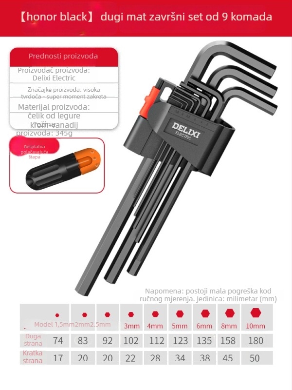 Delixi set imbus ključeva, legura, unutarnji šesterokutni nastavak, visok okretni moment