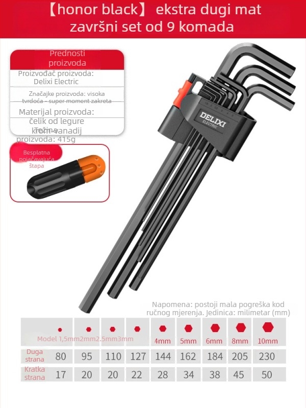 Delixi set imbus ključeva, legura, unutarnji šesterokutni nastavak, visok okretni moment