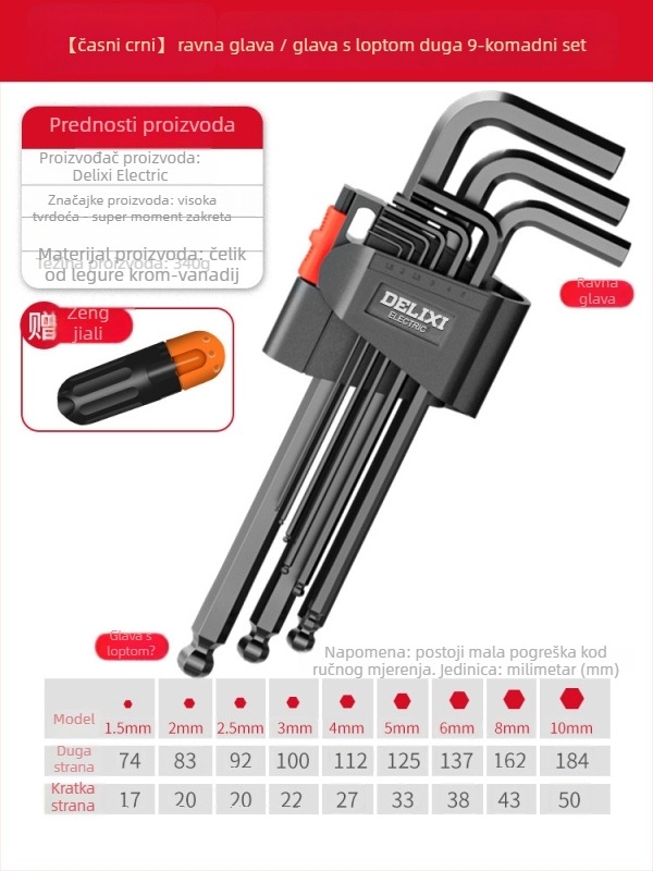 Delixi set imbus ključeva, legura, unutarnji šesterokutni nastavak, visok okretni moment