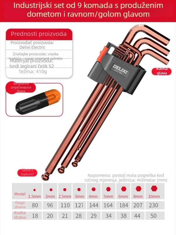 Delixi set imbus ključeva, legura, unutarnji šesterokutni nastavak, visok okretni moment