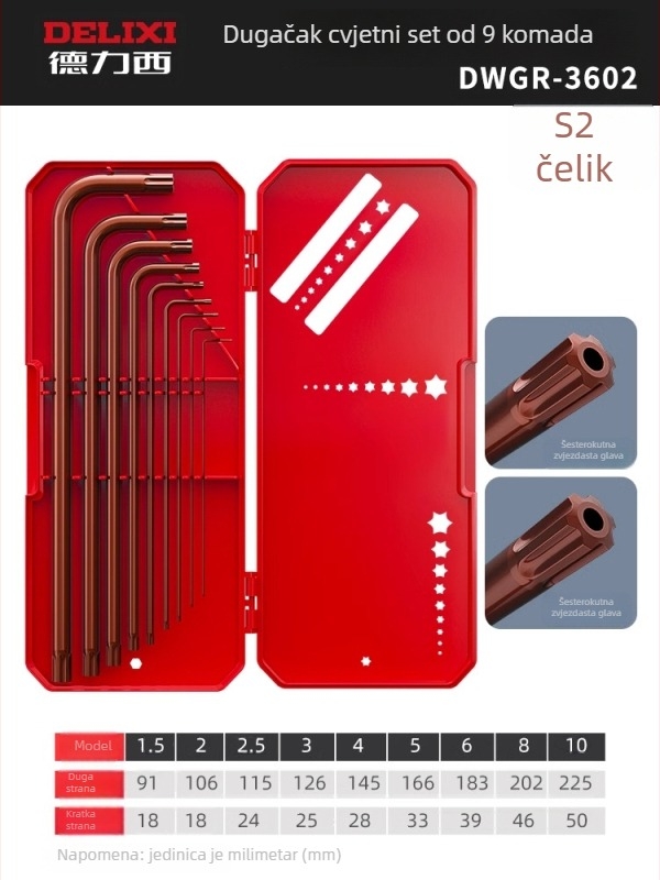 Delixi set imbus ključeva, legura, unutarnji šesterokutni nastavak, visok okretni moment