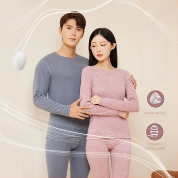 Unisex termalni set donjeg rublja — mješavina vune i svile, viskoze, spandeksa i poliestera; velur završetak; srednja težina; okrugli vrat, dugi rukavi; gornji dio + hlače
