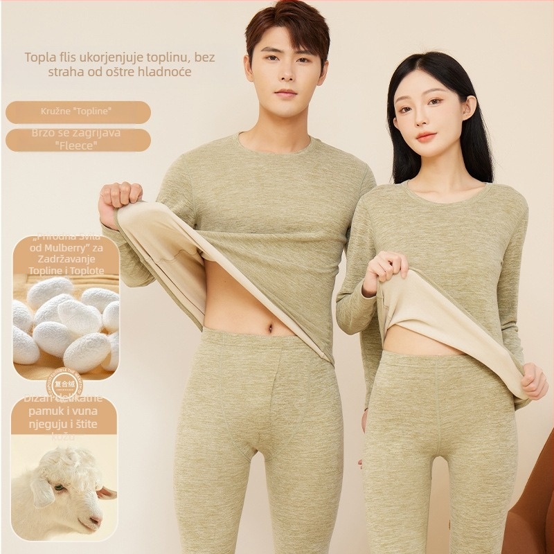 Unisex termalni set donjeg rublja — mješavina vune i svile, viskoze, spandeksa i poliestera; velur završetak; srednja težina; okrugli vrat, dugi rukavi; gornji dio + hlače