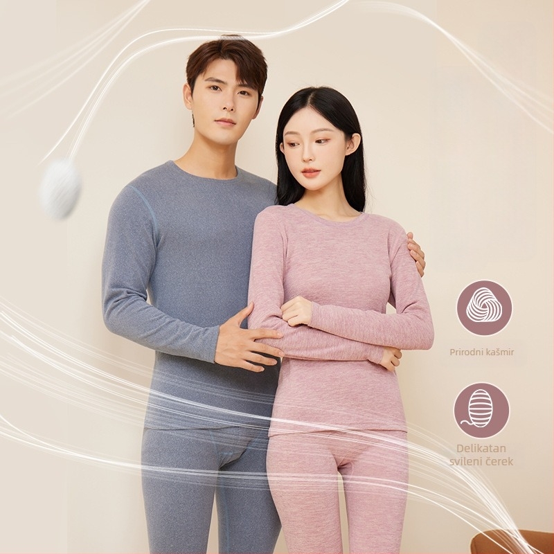 Unisex termalni set donjeg rublja — mješavina vune i svile, viskoze, spandeksa i poliestera; velur završetak; srednja težina; okrugli vrat, dugi rukavi; gornji dio + hlače