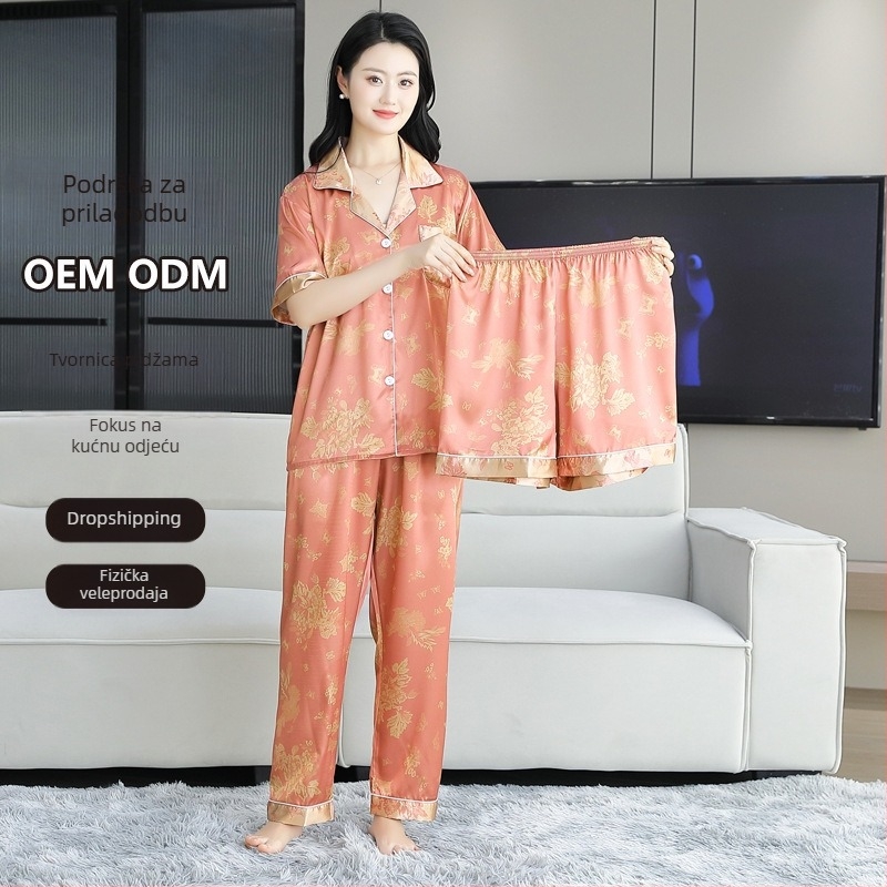 Ženske ljetne pidžame od ice silk, 3-dijelni set s kardiganom, lagani luksuz, za kućnu upotrebu i za nošenje na otvorenom