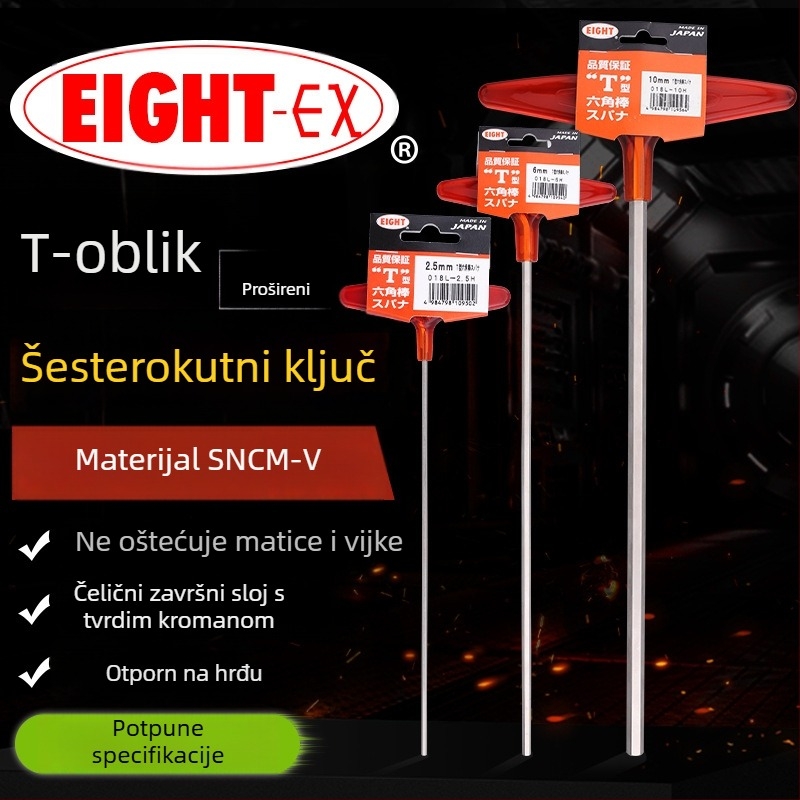 Prošireni T-ključ šestougaoni odvijač set, model 018l–2h, krom-vanadij čelik, metrički format, podrijetlo Japan
