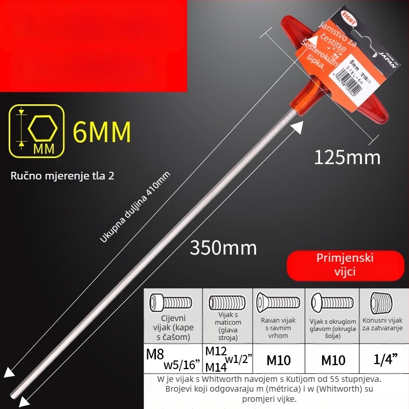 Prošireni T-ključ šestougaoni odvijač set, model 018l–2h, krom-vanadij čelik, metrički format, podrijetlo Japan