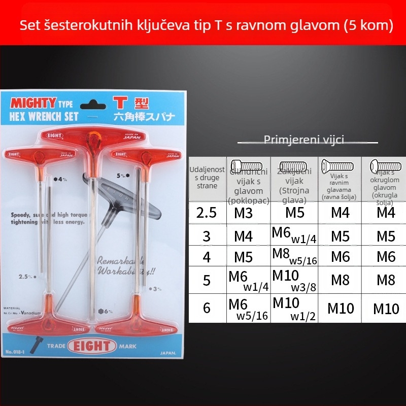 Prošireni T-ključ šestougaoni odvijač set, model 018l–2h, krom-vanadij čelik, metrički format, podrijetlo Japan