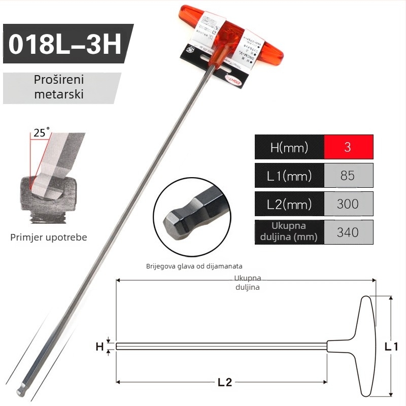 Prošireni T-ključ šestougaoni odvijač set, model 018l–2h, krom-vanadij čelik, metrički format, podrijetlo Japan