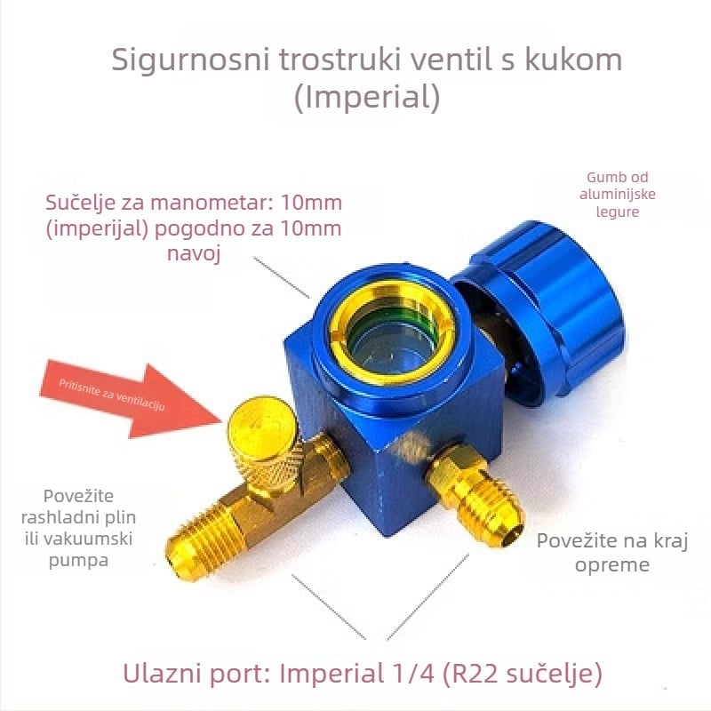 Skup ventila: prekidački i troputni ventil, manometar, prozor za rashladno sredstvo, izlazni ventil
