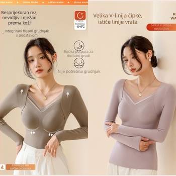 Ženski termalni top od vune i svile s V-izrezom, ugrađene čašice, debeli pleteni 251–300 g/m², glavna tkanina 80–90%, dugi rukavi, oblikovanje tijela i toplina