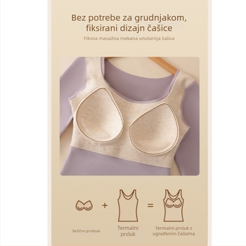 Ženski termalni top od vune i svile s V-izrezom, ugrađene čašice, debeli pleteni 251–300 g/m², glavna tkanina 80–90%, dugi rukavi, oblikovanje tijela i toplina