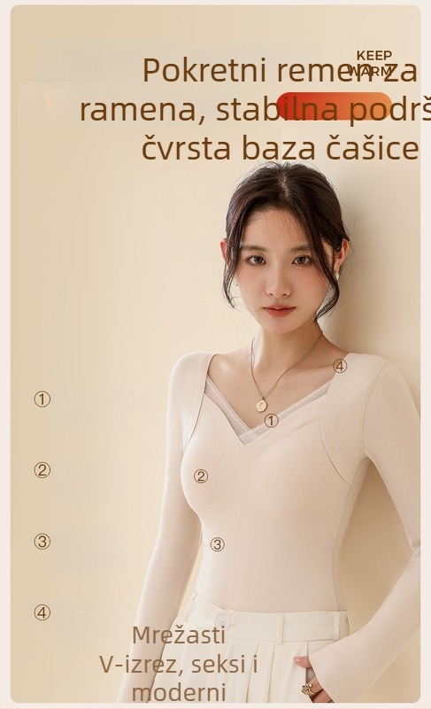 Ženski termalni top od vune i svile s V-izrezom, ugrađene čašice, debeli pleteni 251–300 g/m², glavna tkanina 80–90%, dugi rukavi, oblikovanje tijela i toplina