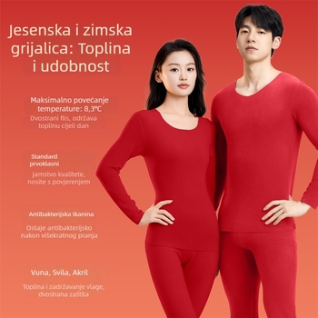 Termalni set donjeg rublja (vuna-svilac-akril), flisom podstava, za jesen, unisex gornji dio i hlače, okrugli ovratnik, dugi rukav