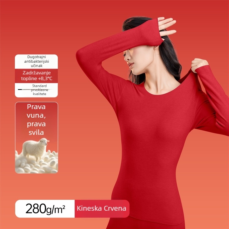 Termalni set donjeg rublja (vuna-svilac-akril), flisom podstava, za jesen, unisex gornji dio i hlače, okrugli ovratnik, dugi rukav