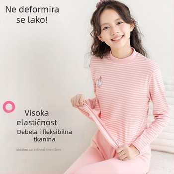 Jesenski pamukasti termo set za djevojčice: gornji dio s dugim rukavima i dugačke hlače, 100% pamuk, prugasti ili karirani uzorak, osnovni sloj, okrugli izrez, za uzrast 13–18 godina.