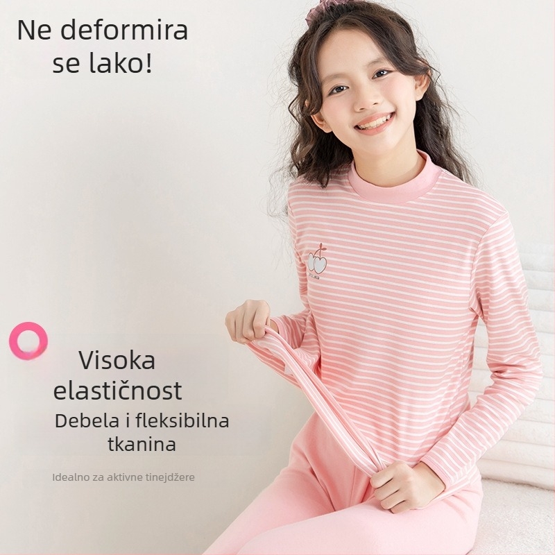 Jesenski pamukasti termo set za djevojčice: gornji dio s dugim rukavima i dugačke hlače, 100% pamuk, prugasti ili karirani uzorak, osnovni sloj, okrugli izrez, za uzrast 13–18 godina.