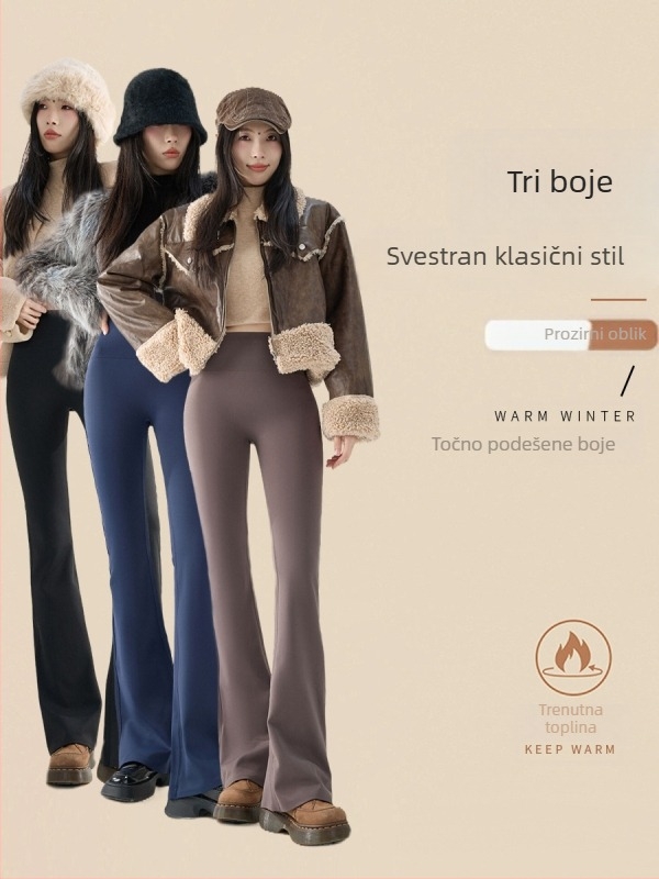Ženske hlače s fleece podstavom za toplinu, sa blagim širenjem prema kraju, mješavina nylona i spandexa (70-80% nylon, <30% spandex), debela i topla, 3D uzorak