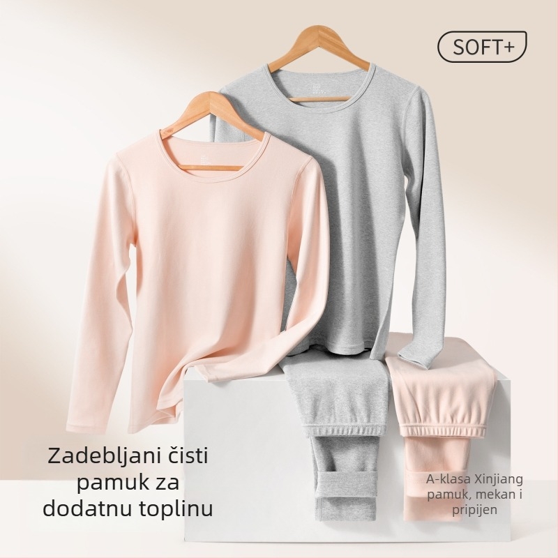 Ženski set od 280 g guste pamuka, gornji dio s okruglim izrezom i dugim hlačama, antibakterijski, prozračan, toplo donje rublje