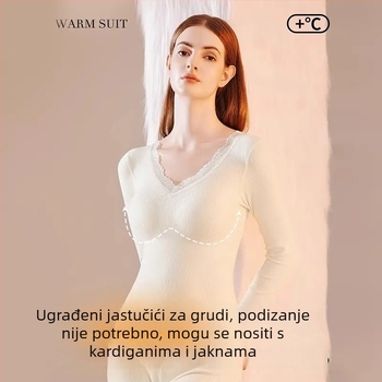 Ženski termalni bazni set s ugrađenim jastučićima za dojku, uska silueta, gornji dio s V‑izrezom i hlače, jeseno-zimska toplina