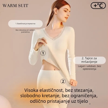 Ženski termalni bazni set s ugrađenim jastučićima za dojku, uska silueta, gornji dio s V‑izrezom i hlače, jeseno-zimska toplina