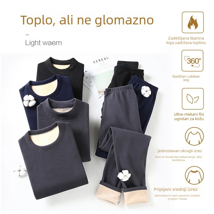 Unisex termalni komplet s flisom za jesen-zimu, majica s dugim rukavima i hlače, jednobojan, dvostruki sloj, topao