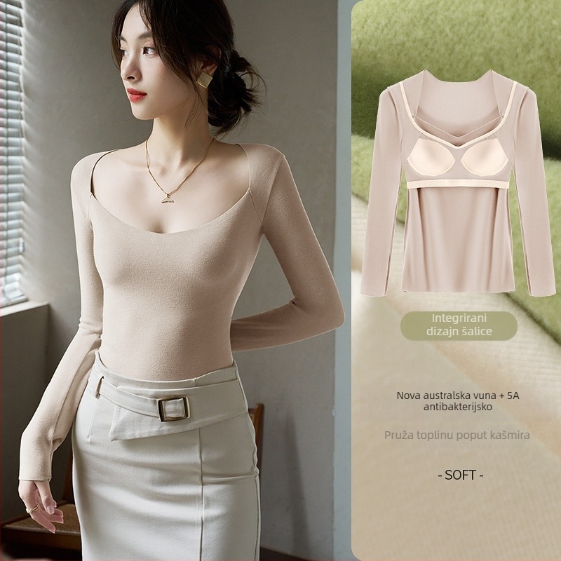 Ženski termalni komplet s V-rezom i ugrađenim jastučićem za prsa; viskoza; baršunasta podstava; debela tkanina 251–300 g/m²