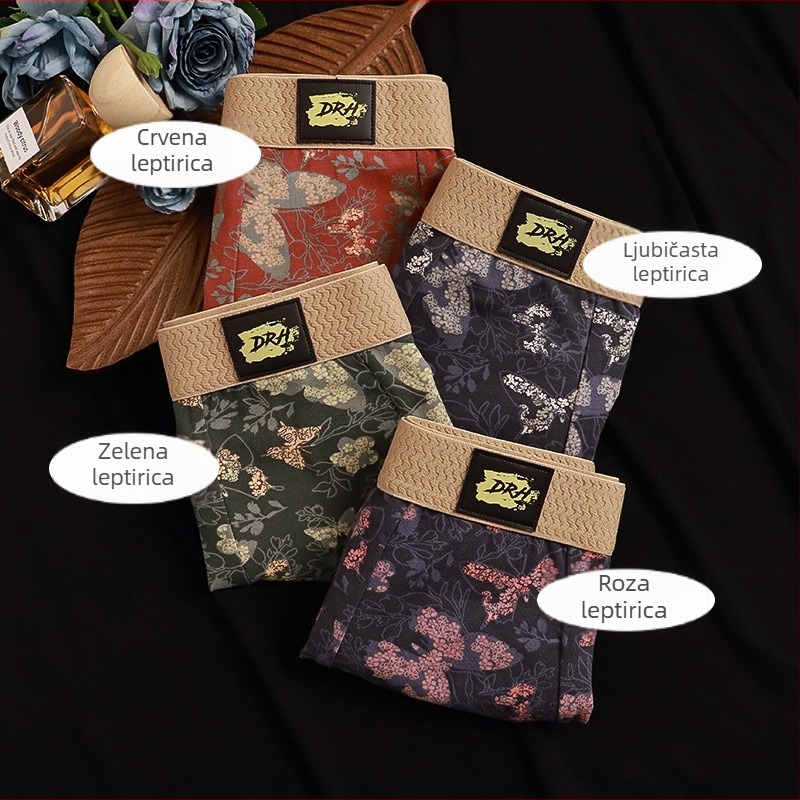 Muške pamučne bokserice s printom leptira i florálnim uzorkom – prozračne, antibakterijske, bez šavova, srednje visoke pojasa