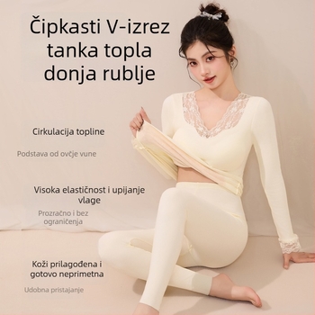 Žensko čipkasto termo donje rublje s V-izrezom, dugim rukavima, s umetcima za prsima, debeli bazni sloj, gornji dio i hlače za jesen