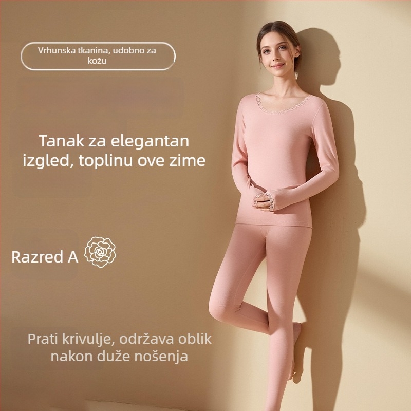 Ženski akrilni termalni komplet s antibakterijskim djelovanjem; topla, debela tkanina 201-250 g/m2 s velur podstavom; gornji dio: pulover dugih rukava; donji: hlače; glavni udjel vlakana 30-50%.