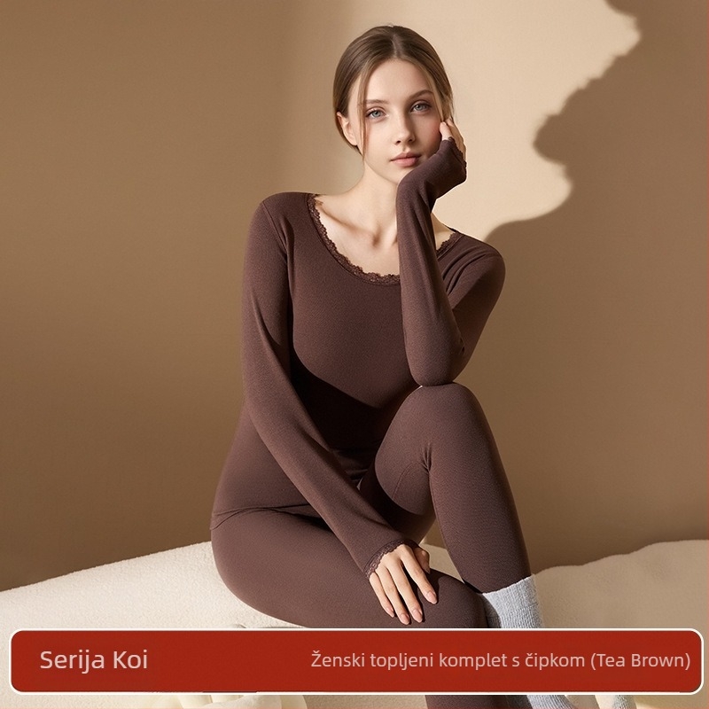 Ženski akrilni termalni komplet s antibakterijskim djelovanjem; topla, debela tkanina 201-250 g/m2 s velur podstavom; gornji dio: pulover dugih rukava; donji: hlače; glavni udjel vlakana 30-50%.