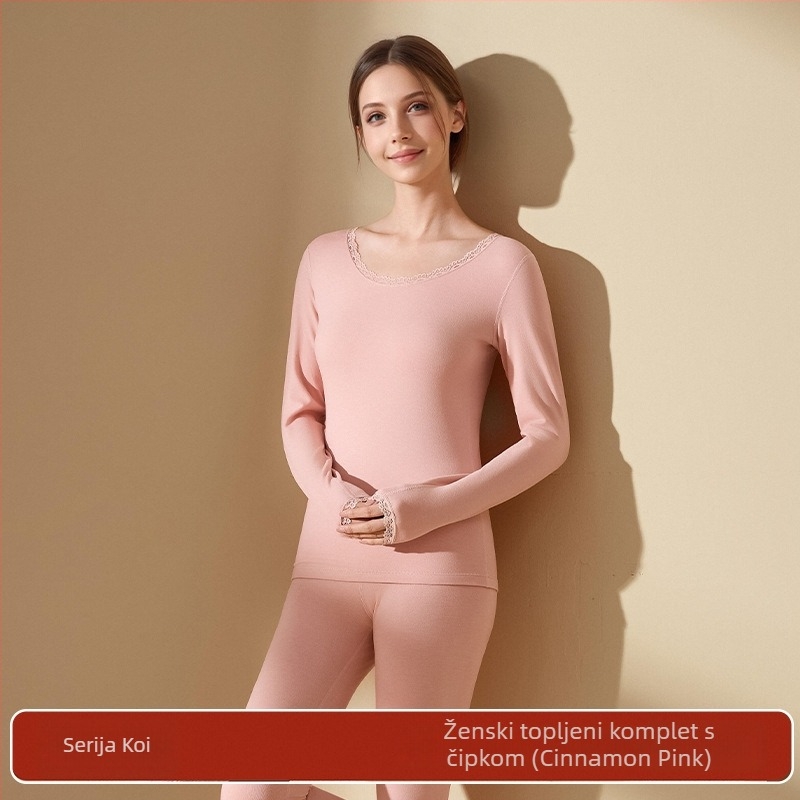 Ženski akrilni termalni komplet s antibakterijskim djelovanjem; topla, debela tkanina 201-250 g/m2 s velur podstavom; gornji dio: pulover dugih rukava; donji: hlače; glavni udjel vlakana 30-50%.