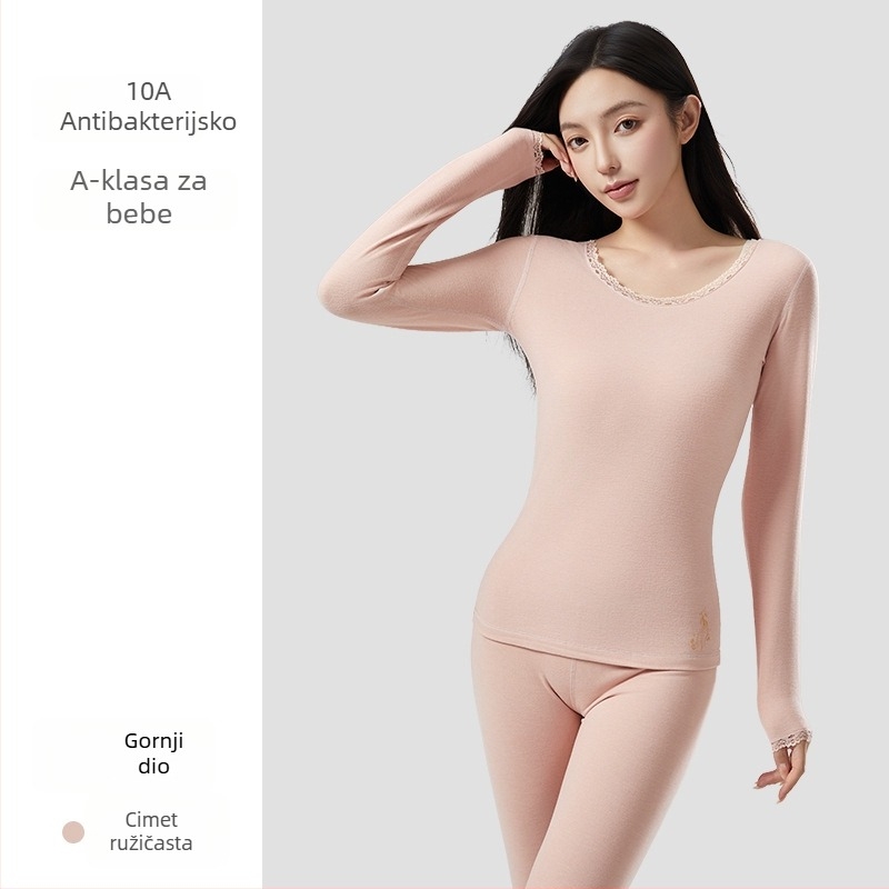 Ženski akrilni termalni komplet s antibakterijskim djelovanjem; topla, debela tkanina 201-250 g/m2 s velur podstavom; gornji dio: pulover dugih rukava; donji: hlače; glavni udjel vlakana 30-50%.