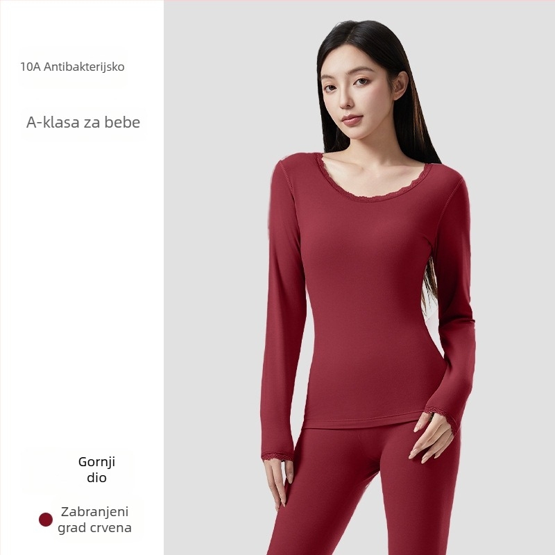 Ženski akrilni termalni komplet s antibakterijskim djelovanjem; topla, debela tkanina 201-250 g/m2 s velur podstavom; gornji dio: pulover dugih rukava; donji: hlače; glavni udjel vlakana 30-50%.