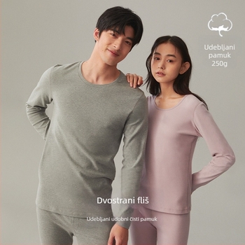 Termalni osnovni set za parove: gornji dio s dugim rukavima i hlače, 90–95% pamuka, debljina 251–300 g/m², antibakterijski, toplo, jesen 2024