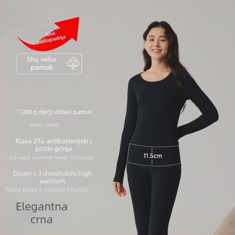 Termalni osnovni set za parove: gornji dio s dugim rukavima i hlače, 90–95% pamuka, debljina 251–300 g/m², antibakterijski, toplo, jesen 2024