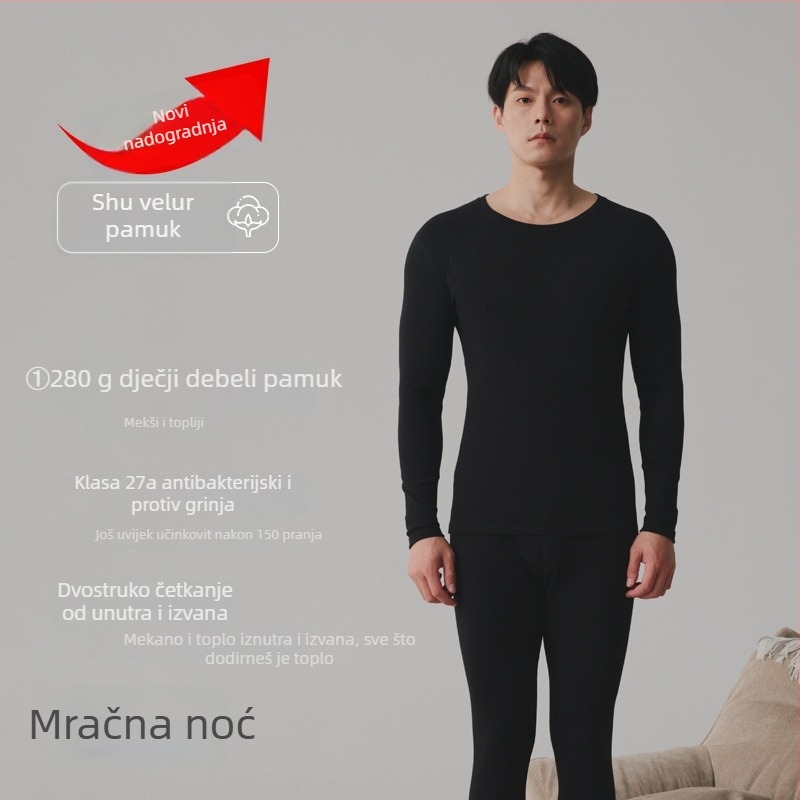Termalni osnovni set za parove: gornji dio s dugim rukavima i hlače, 90–95% pamuka, debljina 251–300 g/m², antibakterijski, toplo, jesen 2024