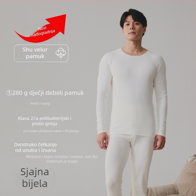Termalni osnovni set za parove: gornji dio s dugim rukavima i hlače, 90–95% pamuka, debljina 251–300 g/m², antibakterijski, toplo, jesen 2024