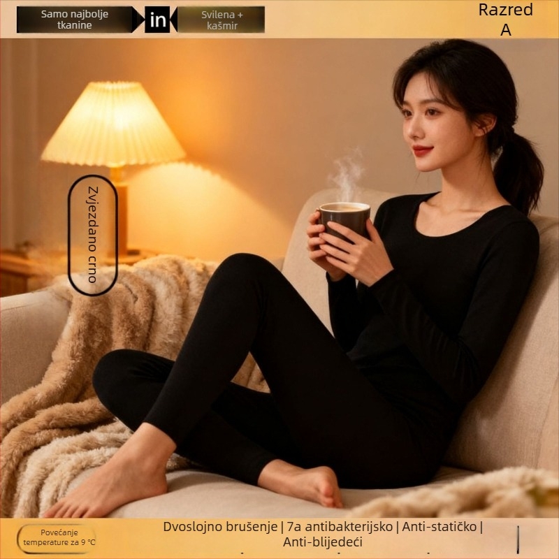 Unisex komplet termalnog donjeg rublja od kašmira – flisom podstavljena, antibakterijska i grijanje; dvostruko slojevita bezšavna gornja odjeća s okruglim izrezom i dugim rukavima, hlače