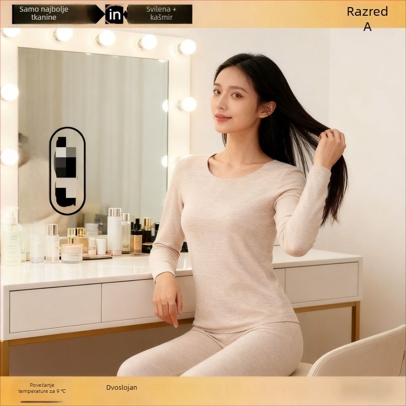 Unisex komplet termalnog donjeg rublja od kašmira – flisom podstavljena, antibakterijska i grijanje; dvostruko slojevita bezšavna gornja odjeća s okruglim izrezom i dugim rukavima, hlače