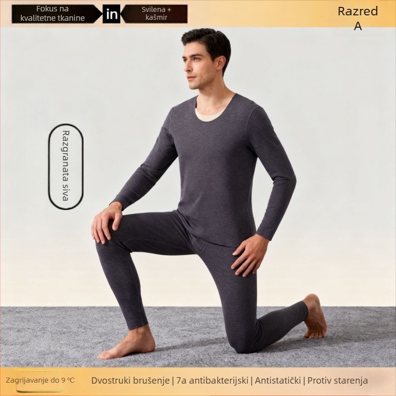 Unisex komplet termalnog donjeg rublja od kašmira – flisom podstavljena, antibakterijska i grijanje; dvostruko slojevita bezšavna gornja odjeća s okruglim izrezom i dugim rukavima, hlače