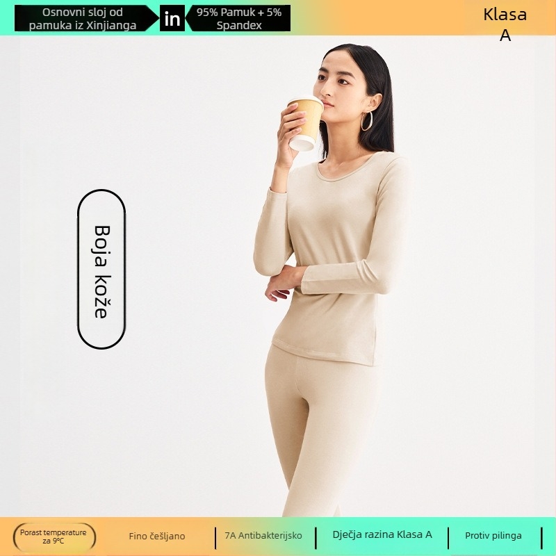 Set baznog toplog donjeg rublja od Combed Cotton – antibakterijski, zadržava toplinu, anti-pilling, okrugli izrez, bezšivni, hlače 3/4 dužine