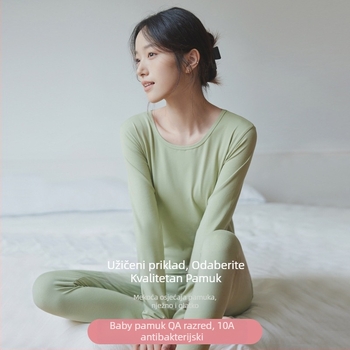 Ženski pamukasti termalni set za bazni sloj: top s okruglim izrezom i dugi rukavi, pantalone, toplo, jednobojna boja, srednja debljina