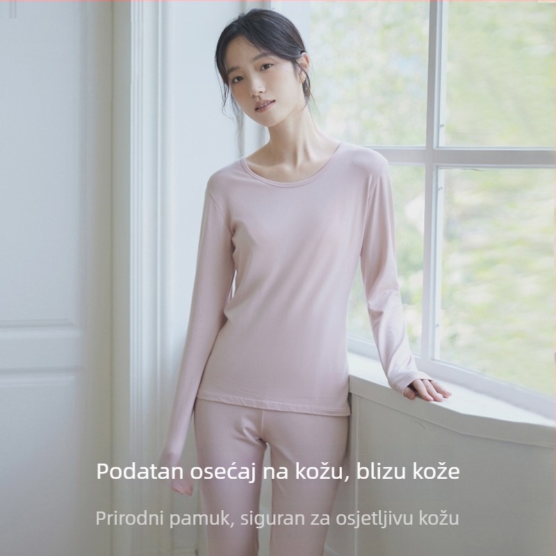 Ženski pamukasti termalni set za bazni sloj: top s okruglim izrezom i dugi rukavi, pantalone, toplo, jednobojna boja, srednja debljina