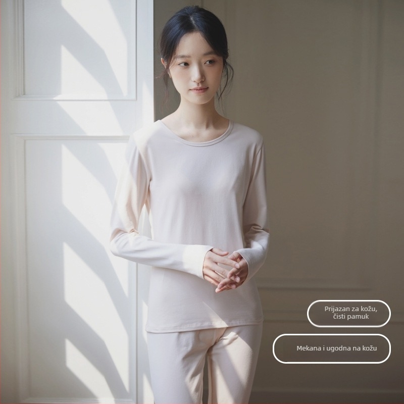 Ženski pamukasti termalni set za bazni sloj: top s okruglim izrezom i dugi rukavi, pantalone, toplo, jednobojna boja, srednja debljina