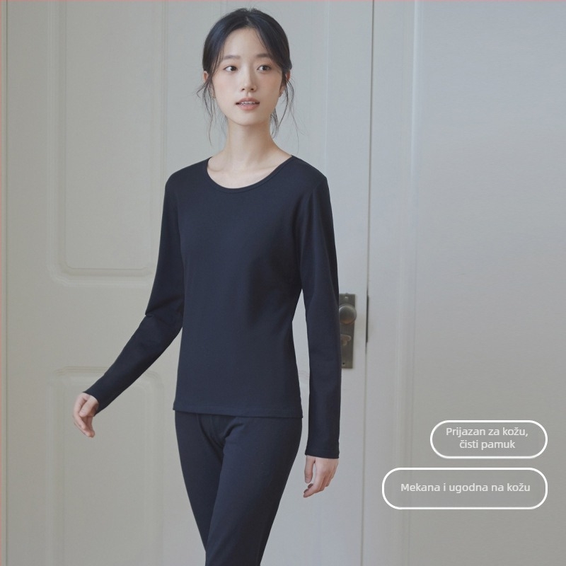 Ženski pamukasti termalni set za bazni sloj: top s okruglim izrezom i dugi rukavi, pantalone, toplo, jednobojna boja, srednja debljina