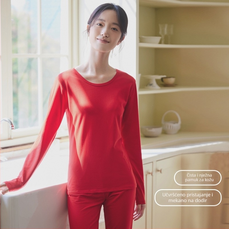 Ženski pamukasti termalni set za bazni sloj: top s okruglim izrezom i dugi rukavi, pantalone, toplo, jednobojna boja, srednja debljina