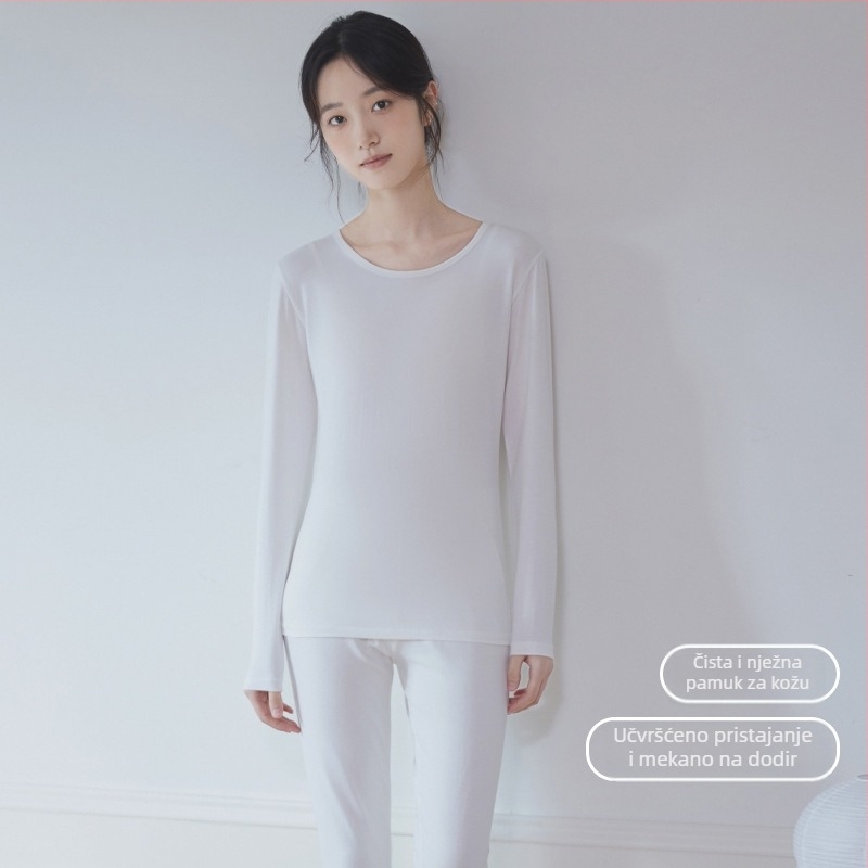 Ženski pamukasti termalni set za bazni sloj: top s okruglim izrezom i dugi rukavi, pantalone, toplo, jednobojna boja, srednja debljina