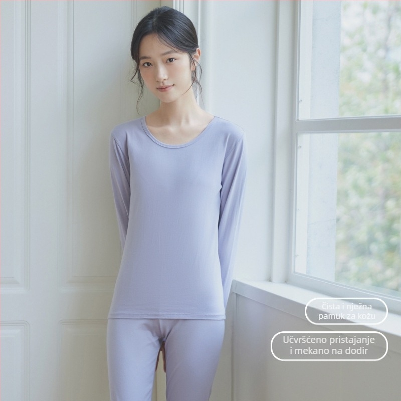 Ženski pamukasti termalni set za bazni sloj: top s okruglim izrezom i dugi rukavi, pantalone, toplo, jednobojna boja, srednja debljina